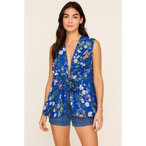 Yumi Kim Blue Floral Tie-Front Kimono Top - Size S